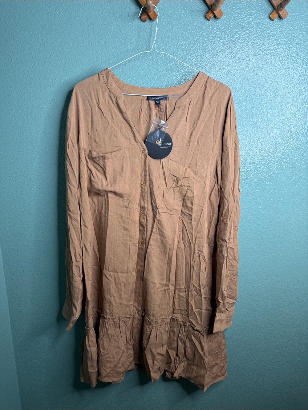 mittoshop Tan Long Sleeve Ruffle Hem Dress
